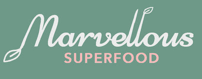Logo for 'Marvellous Superfood' with decorative elements on a green background