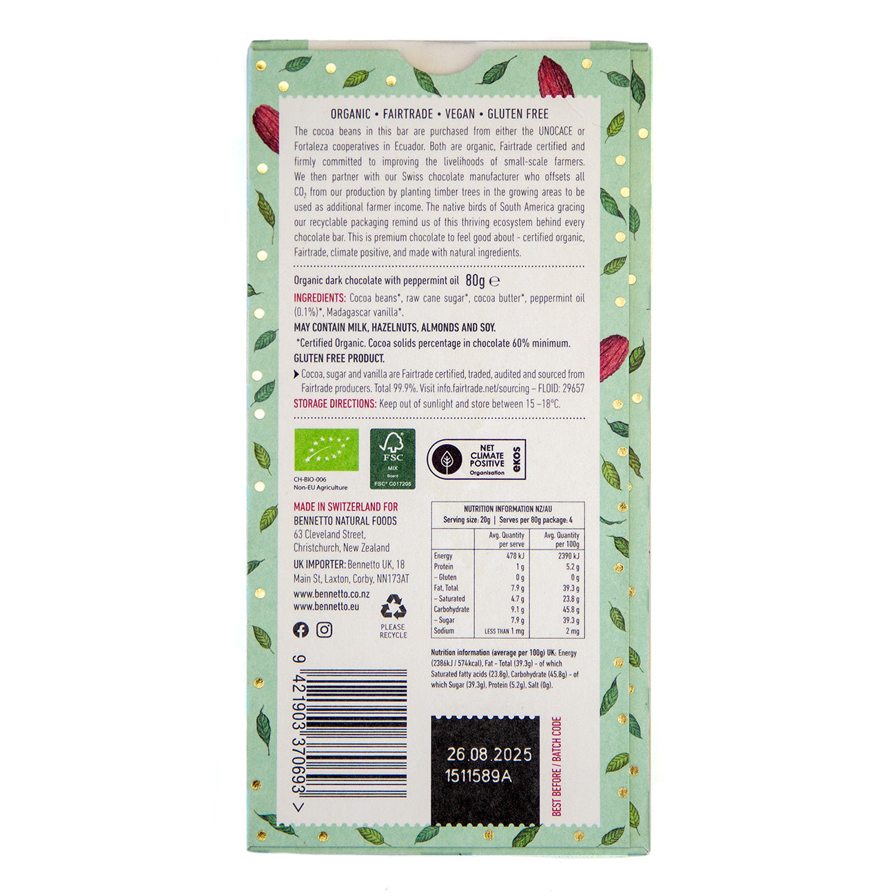 Organic Chocolate Bar - Dark Mint 60