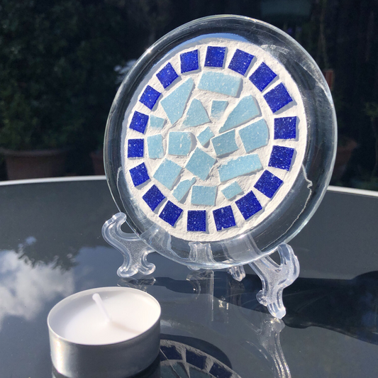 Hand Embellished -  Mosaic, Candle/Tea-light Coaster- BLUE or GREY