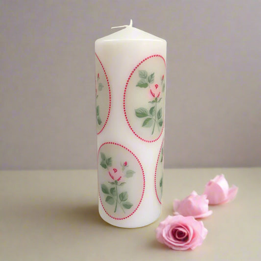 Hand Embellished  - 'Pink Rose' - 45-hour burn Pillar Candle | Artisan Hollie Cora Lovett