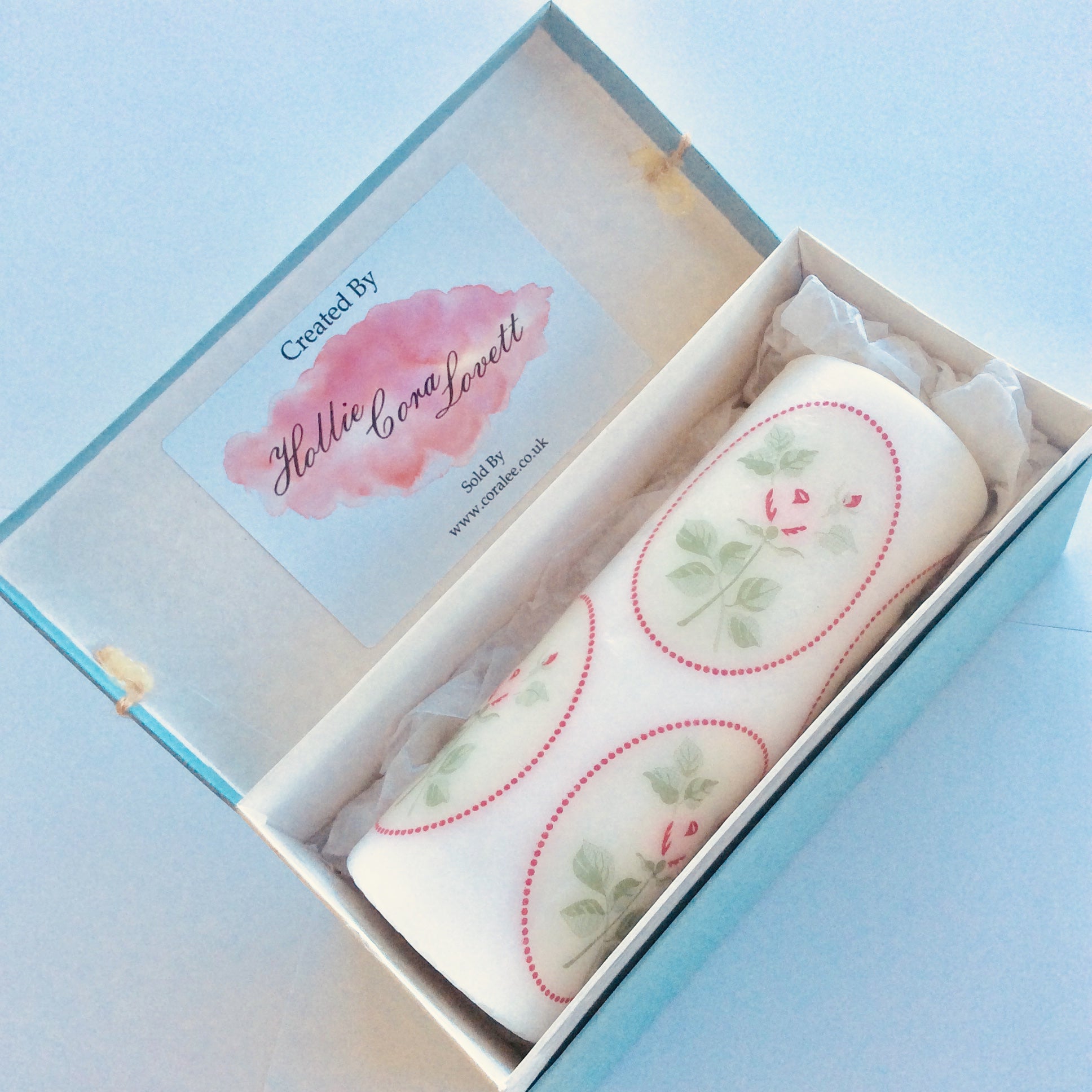 'Pink Rose' Pillar Candle in Gift Box - 45 hour burn -_Embellished by Hollie Cora Lovett